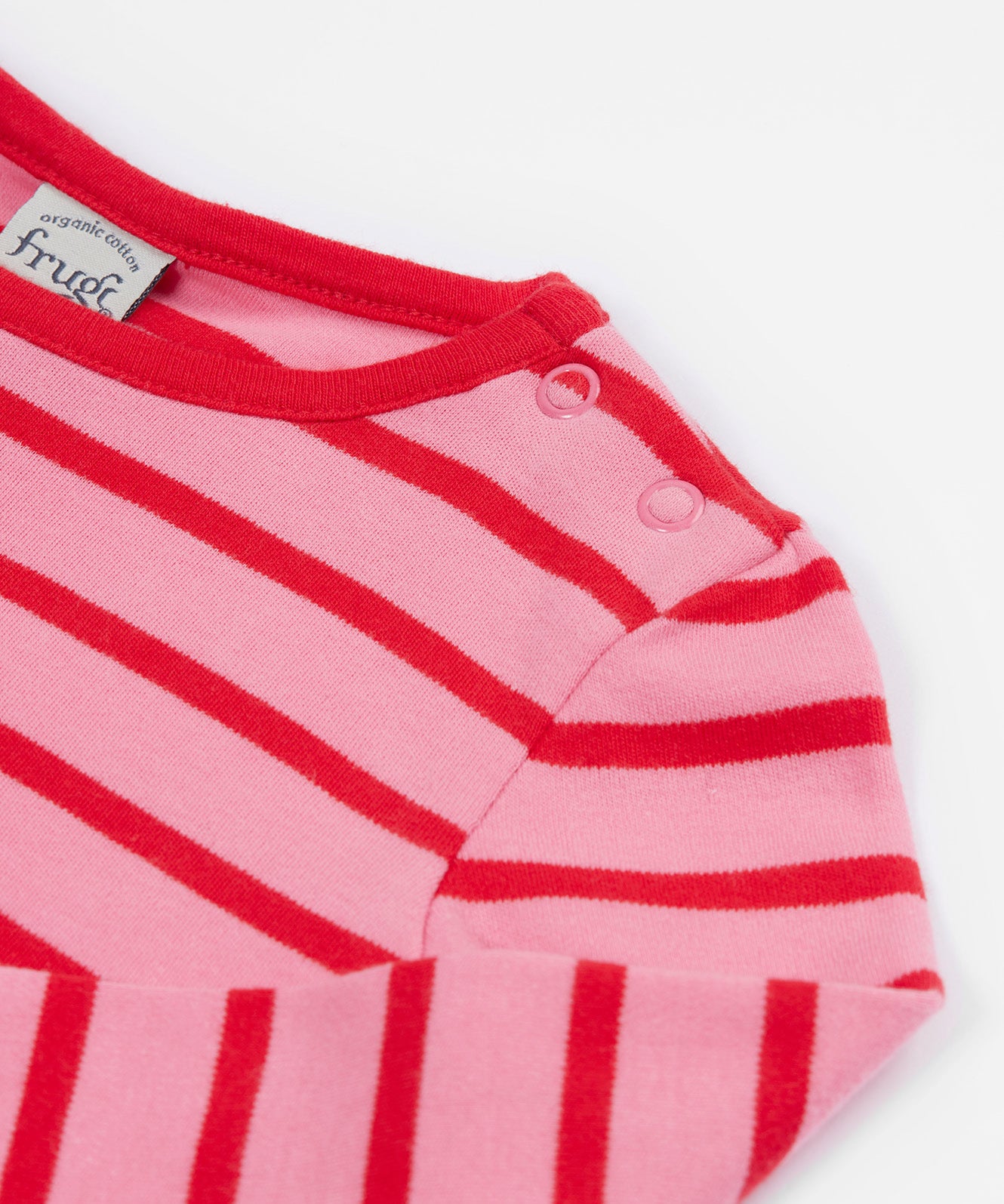 Frugi pink stripe yellow strawberry outfit shoulder popper detail