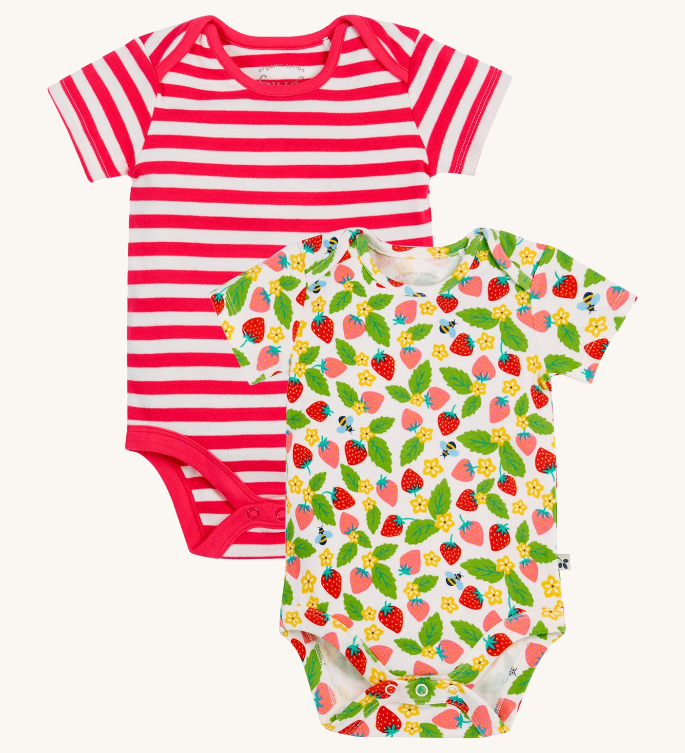 Frugi pink stripe body 2 pack strawberry field design on a cream background.