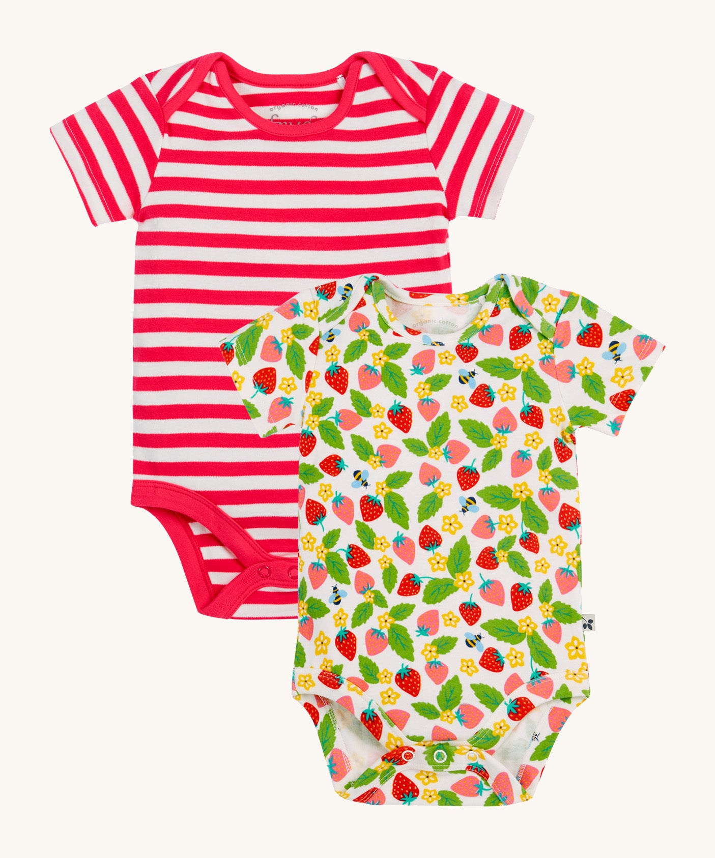 Frugi pink stripe body 2 pack strawberry field design on a cream background.