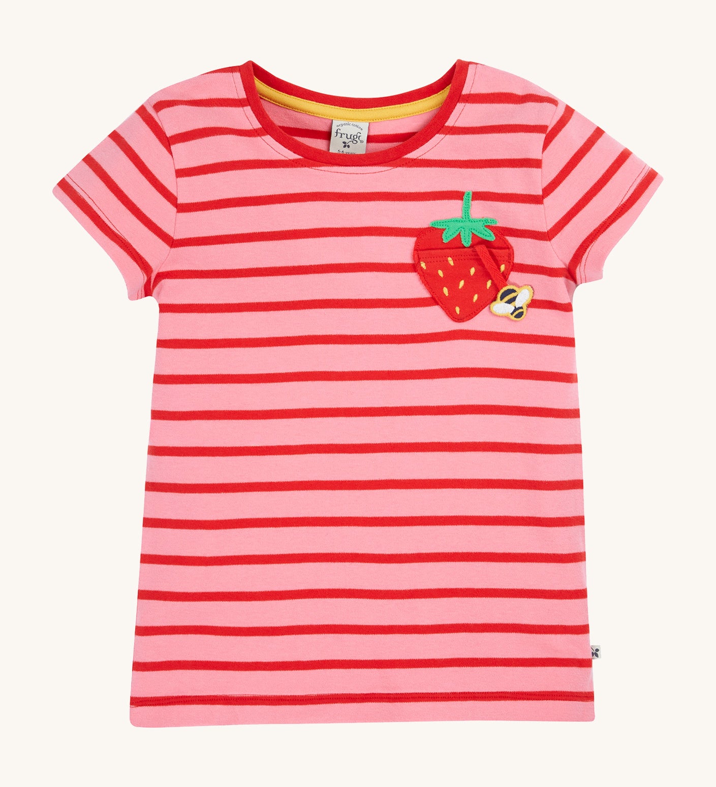 Frugi pink stripe short sleeve top strawberry design on a cream background.