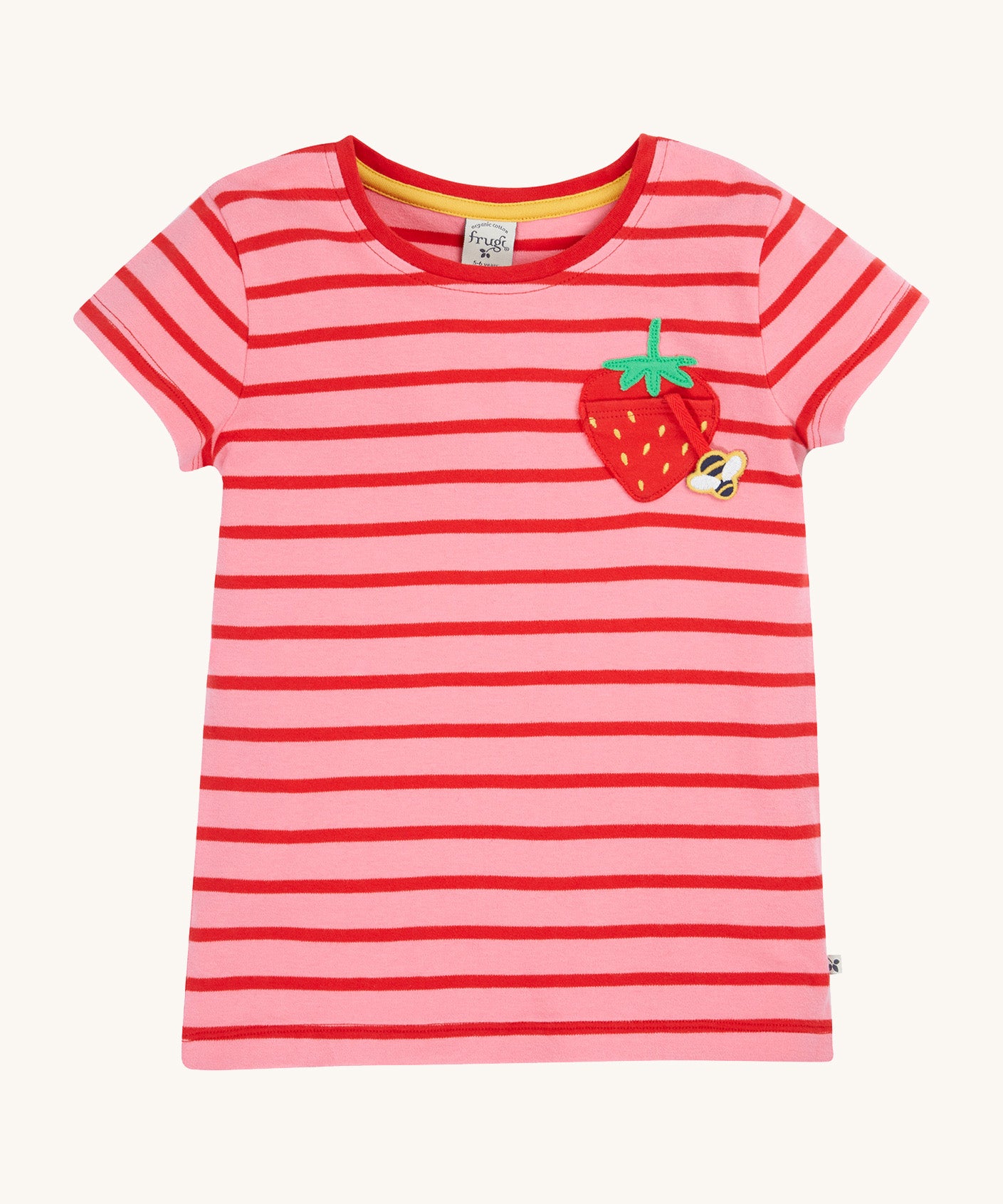 Frugi pink stripe short sleeve top strawberry design on a cream background.