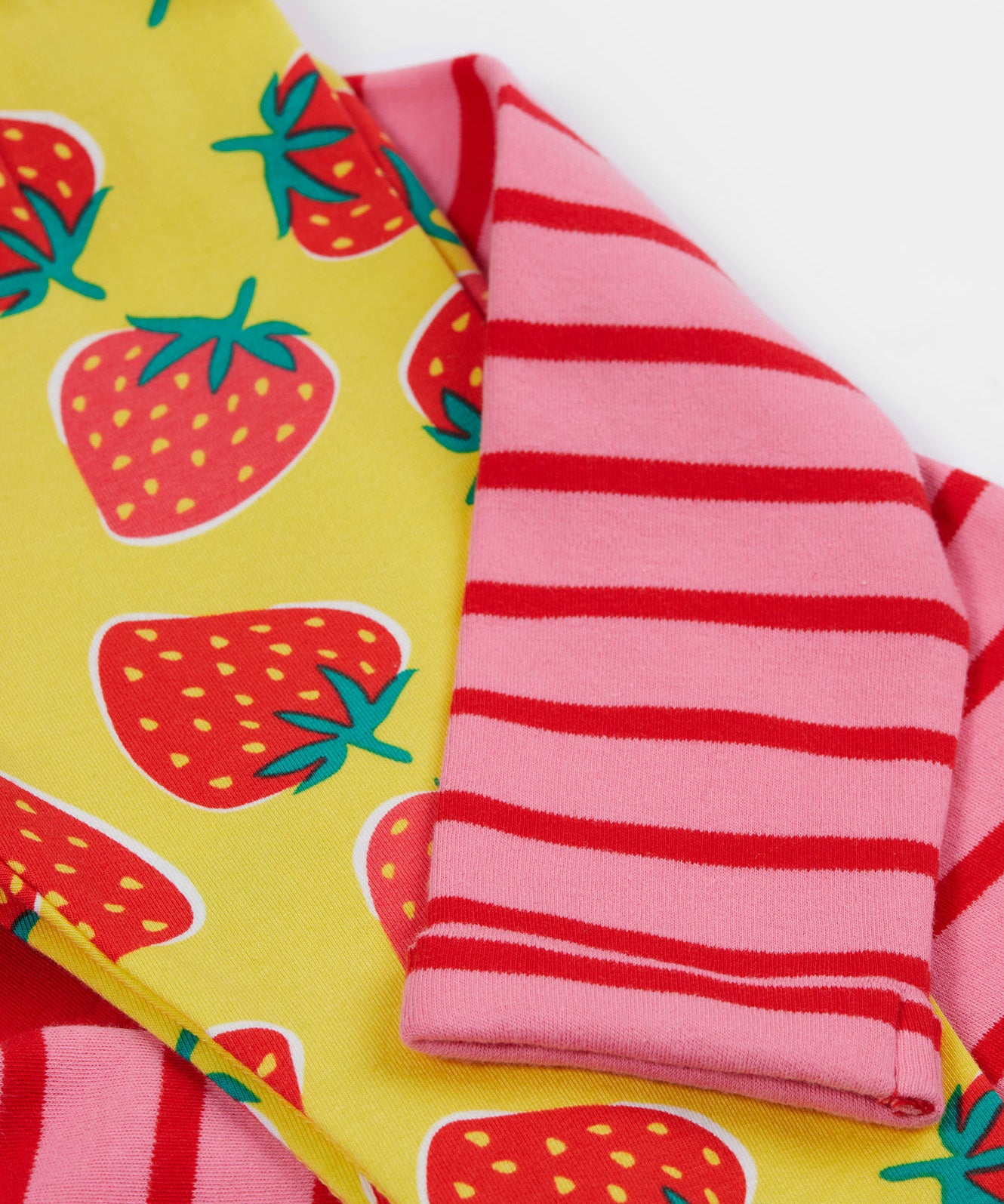 Frugi pink stripe yellow strawberry outfit cuff, sleeve and leg detail