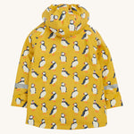 Frugi kids puddle buster jacket yellow with a puffin design back detail