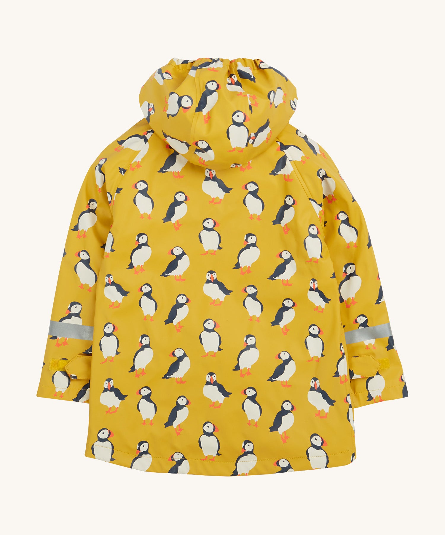 Frugi kids puddle buster jacket yellow with a puffin design back detail