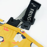 Frugi yellow puddle buster trousers puffin design shoulder strap detail