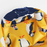 Frugi yellow dry bag puffin design top clip detail