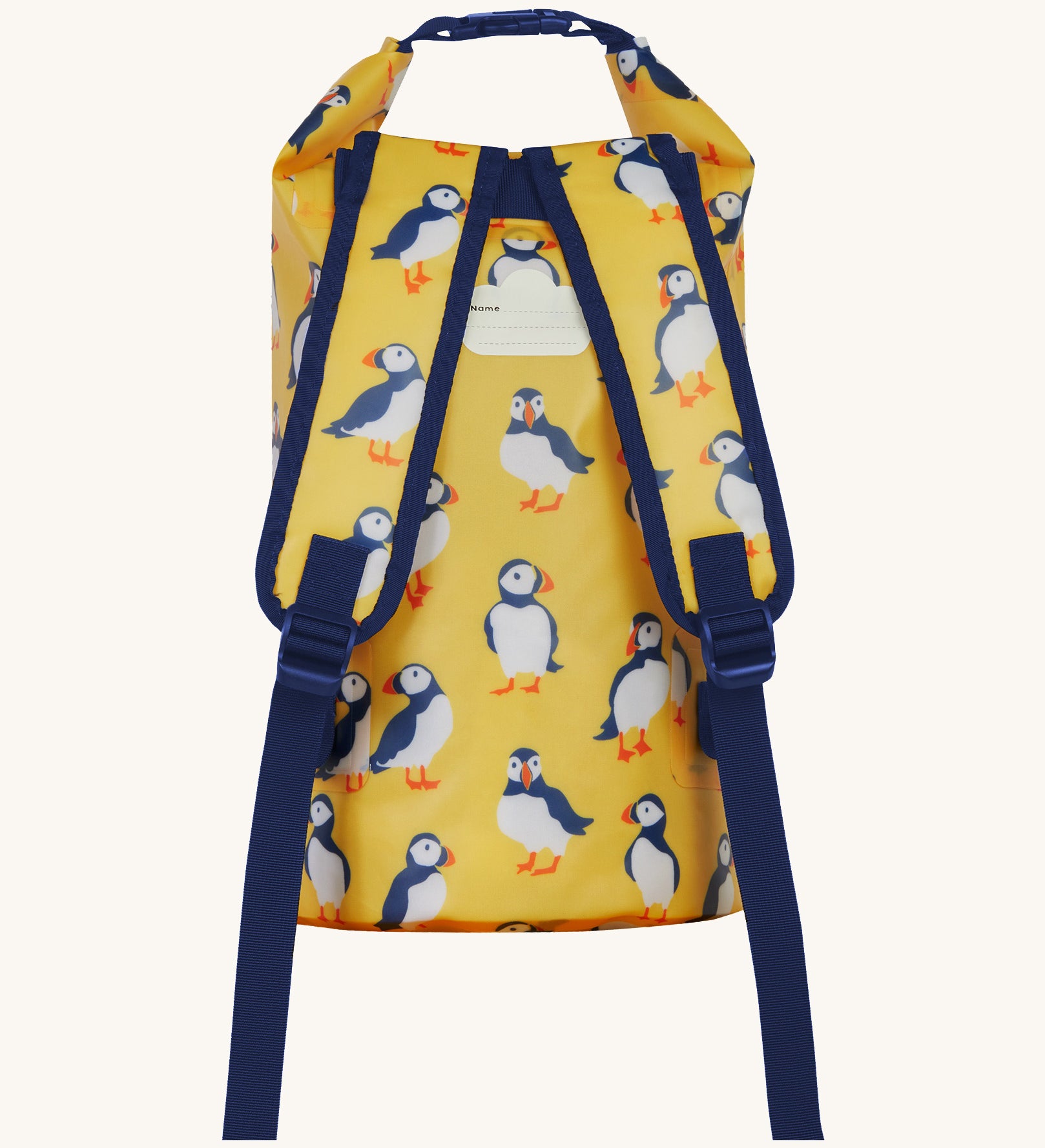 Frugi yellow dry bag puffin design back strap detail