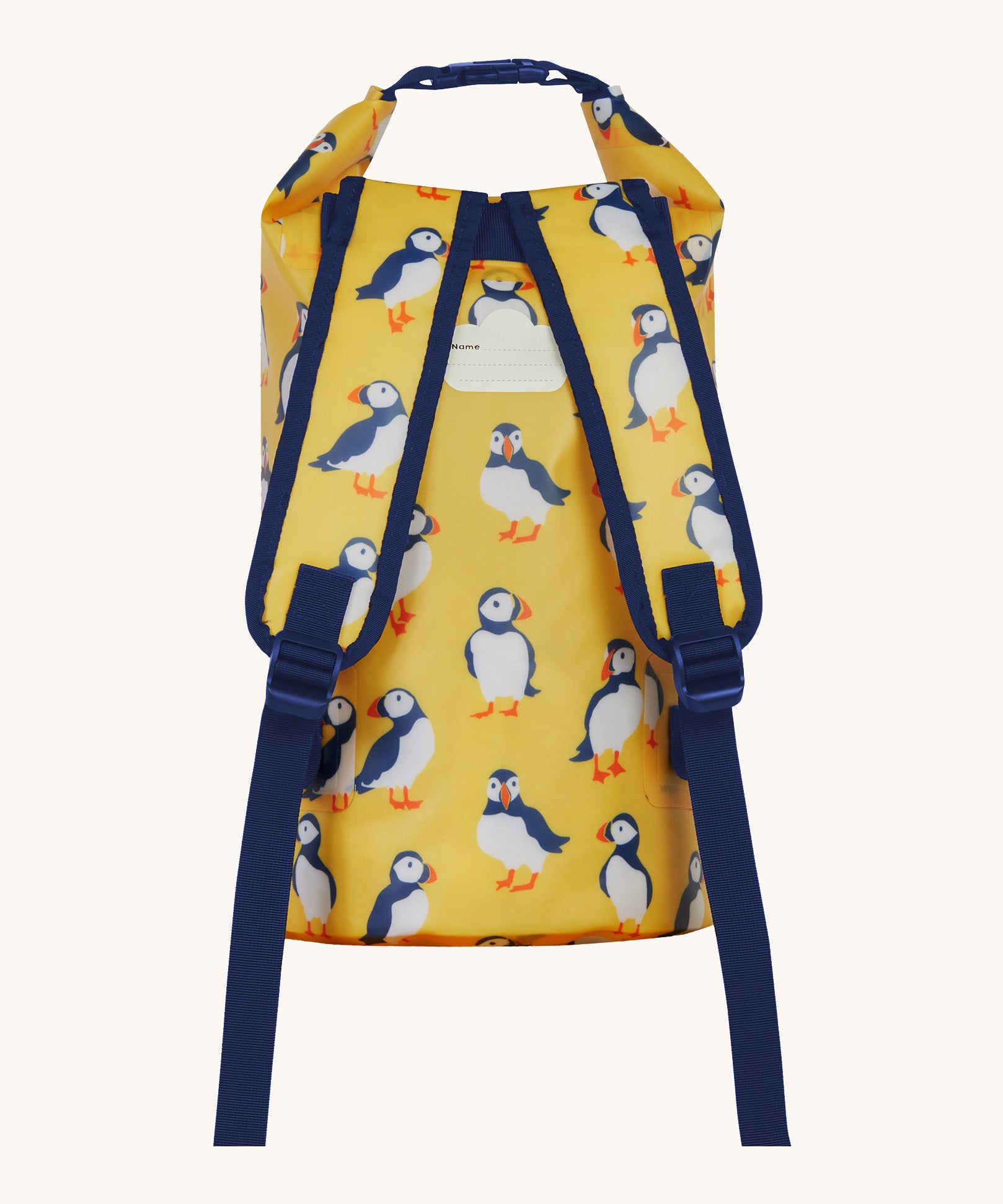 Frugi yellow dry bag puffin design back strap detail