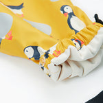 Frugi yellow puddle buster trousers puffin design leg cuff detail