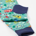 Frugi green pyjama set to the rescue leg cuff detail