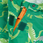 Frugi green all in one suit dino roar front velcro and zip detail