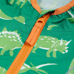 Frugi green rain jacket dino roar zip detail