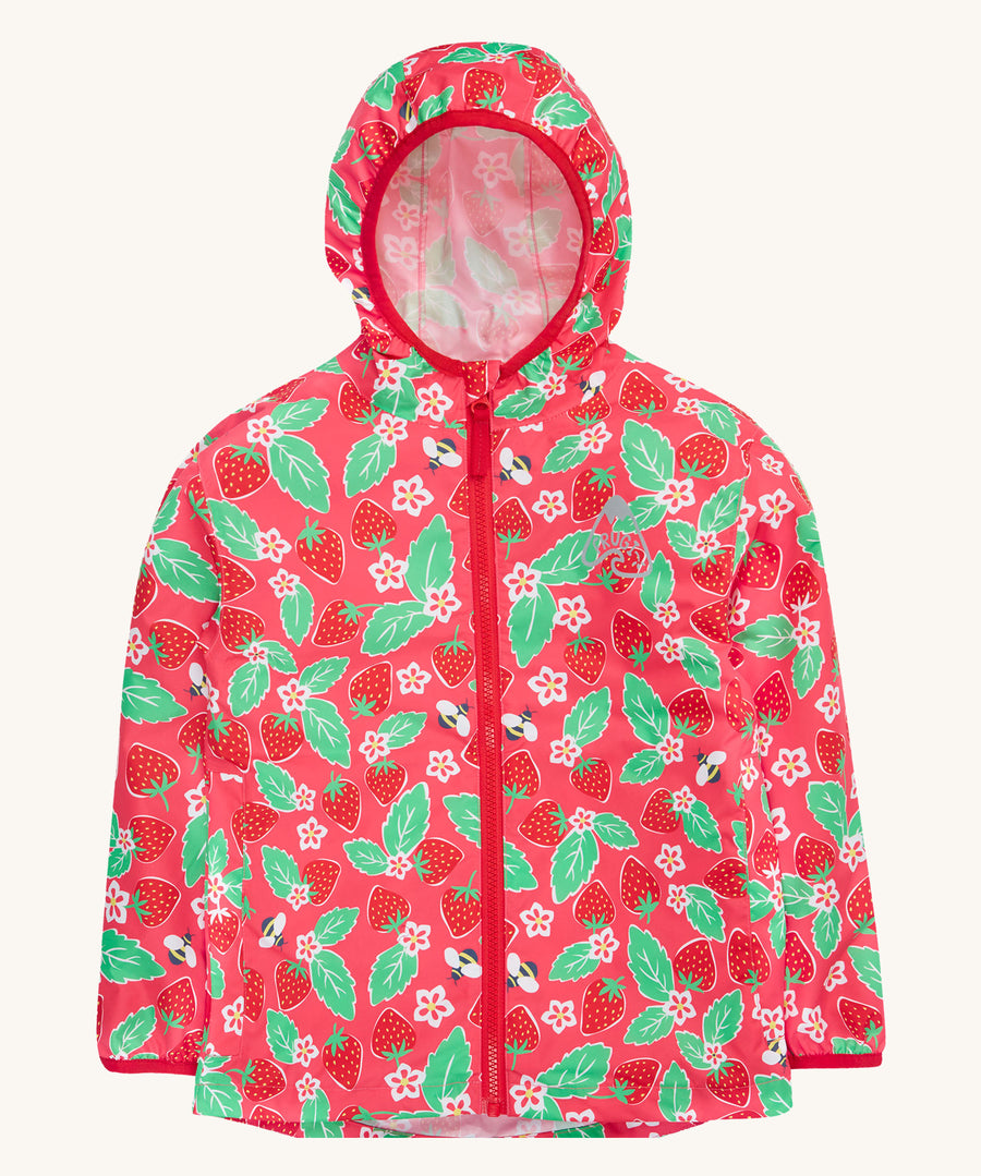 Frugi pink rain jacket strawberry pals design on a cream background.