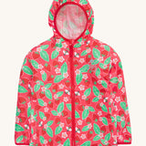 Frugi pink rain jacket strawberry pals design on a cream background.