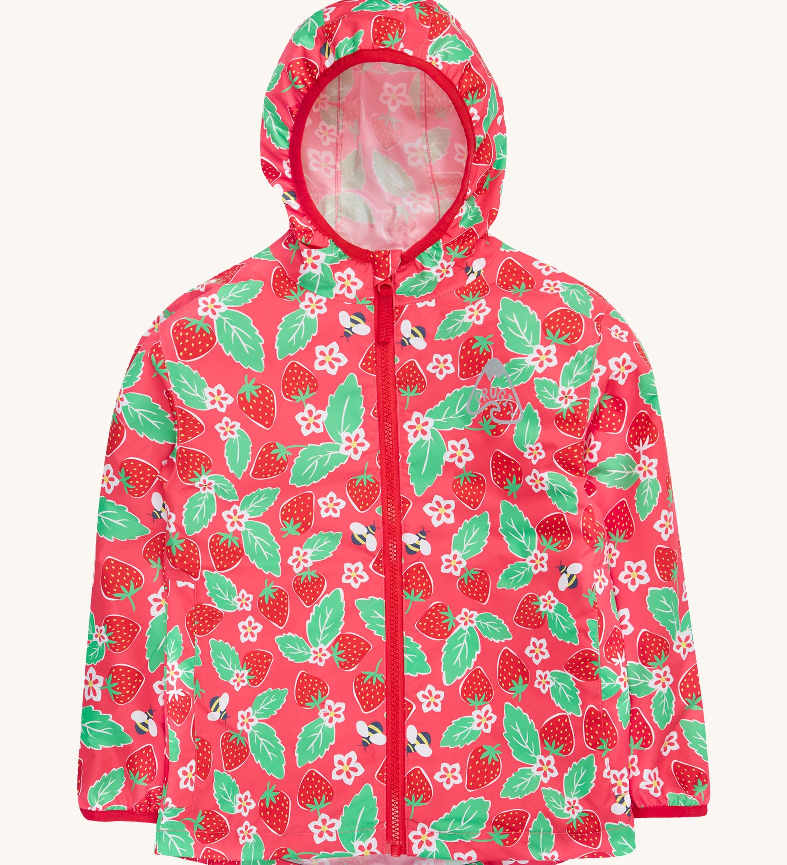 Frugi pink rain jacket strawberry pals design on a cream background.