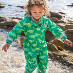 Frugi green all in one suit dino roar design