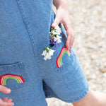 Frugi blue denim short dungarees rainbow pocket detail