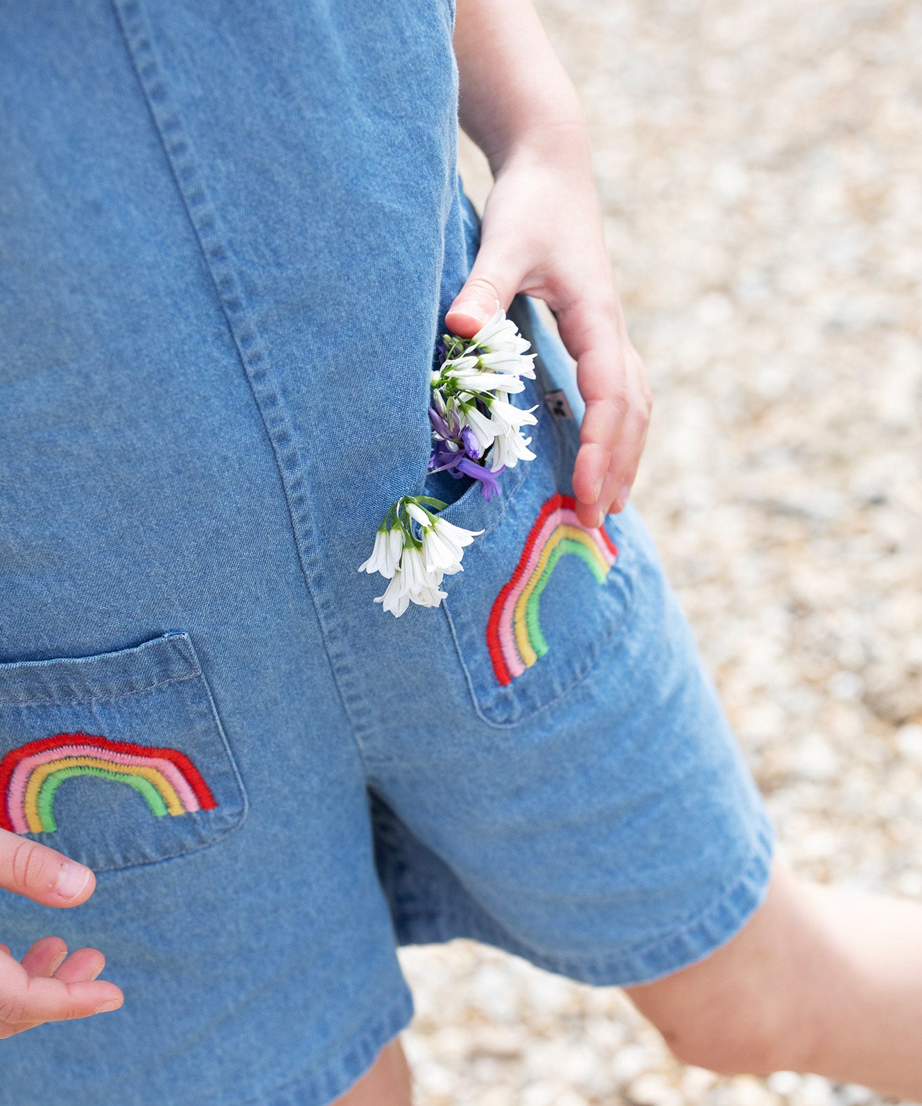 Frugi blue denim short dungarees rainbow pocket detail