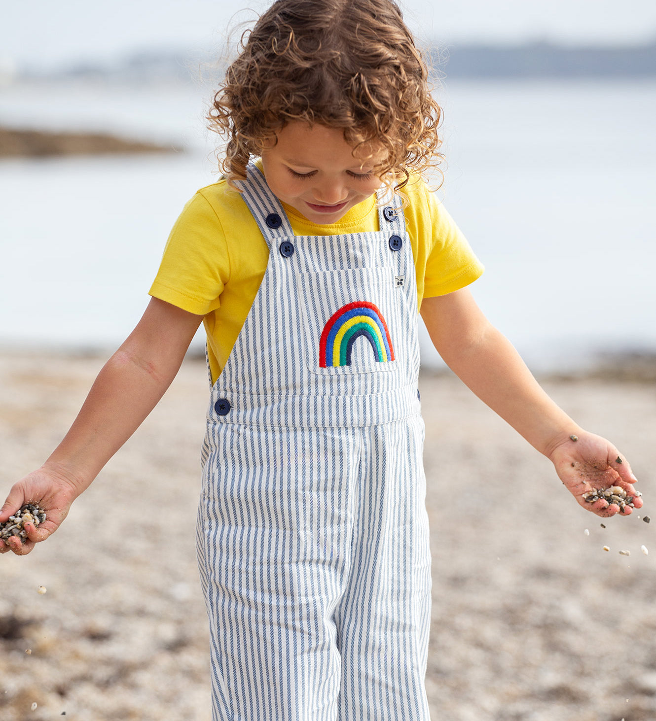 Frugi blue stripe dungarees rainbow design 