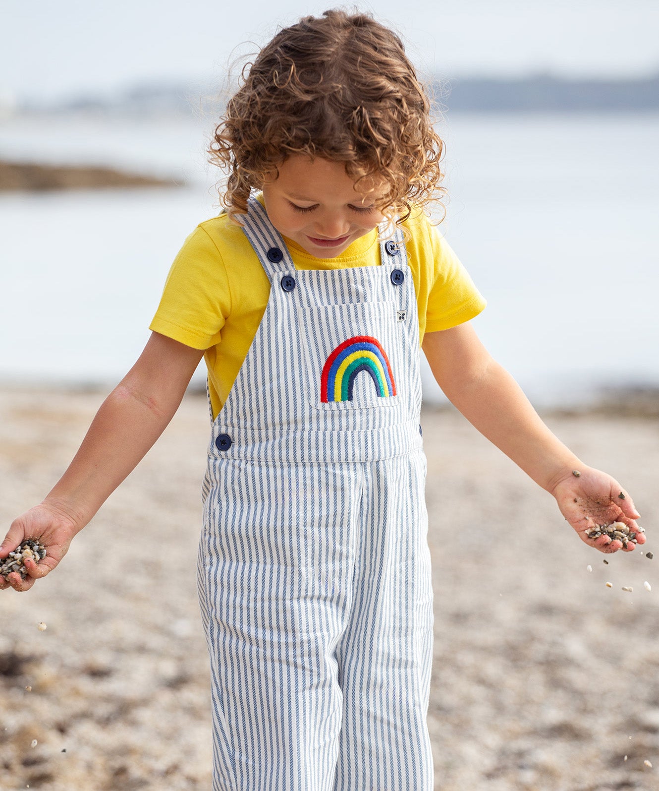 Frugi blue stripe dungarees rainbow design 