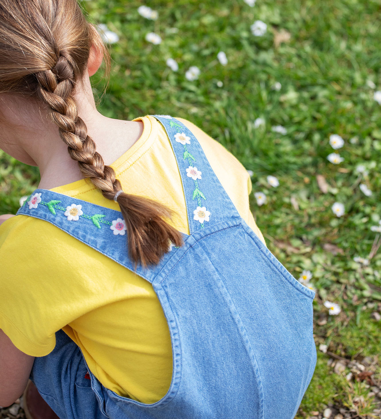 Frugi blue denim short dungarees rainbow design back detail