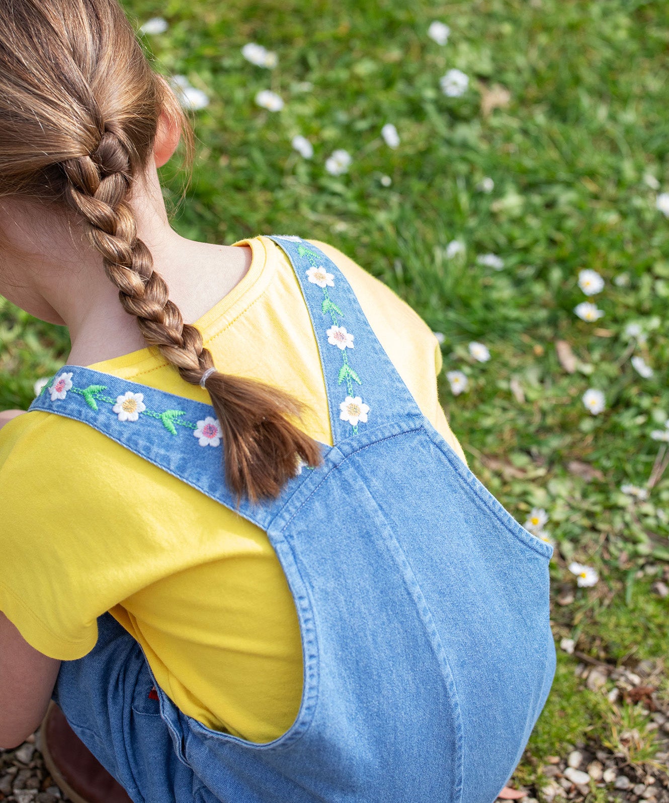 Frugi blue denim short dungarees rainbow design back detail