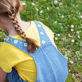 Frugi blue denim short dungarees rainbow design back detail