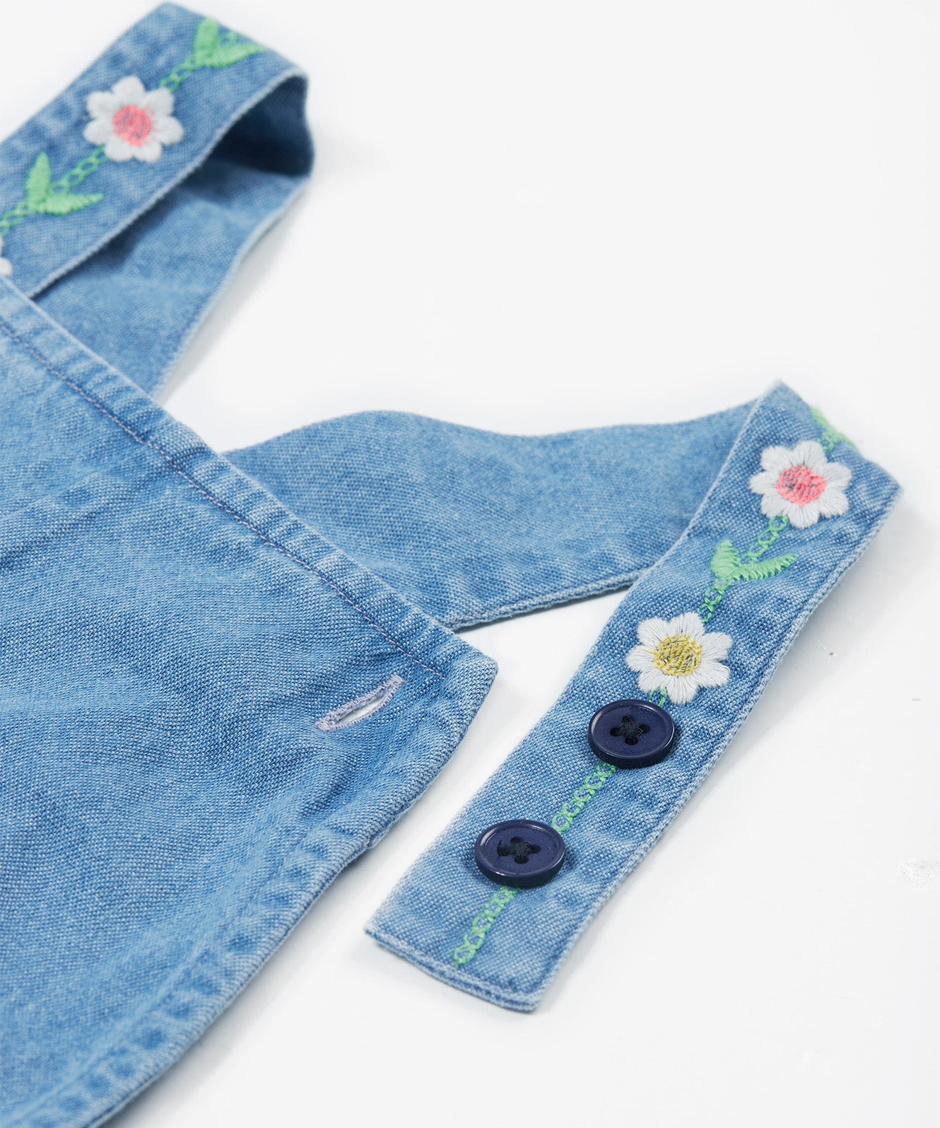 Frugi blue denim short dungarees rainbow shoulder button detail