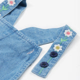 Frugi blue denim short dungarees rainbow shoulder button detail