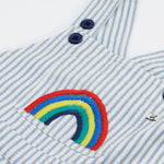 Frugi blue stripe dungarees rainbow design print detail