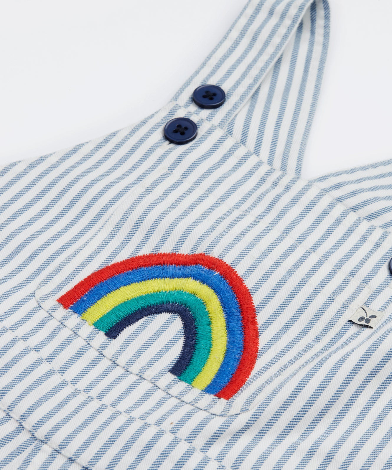 Frugi blue stripe dungarees rainbow design print detail