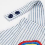 Frugi blue stripe dungarees rainbow design shoulder buttons detail