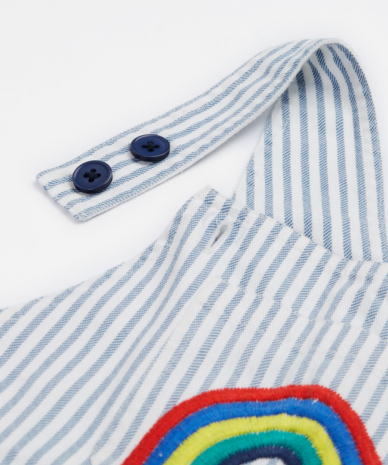 Frugi blue stripe dungarees rainbow design shoulder buttons detail