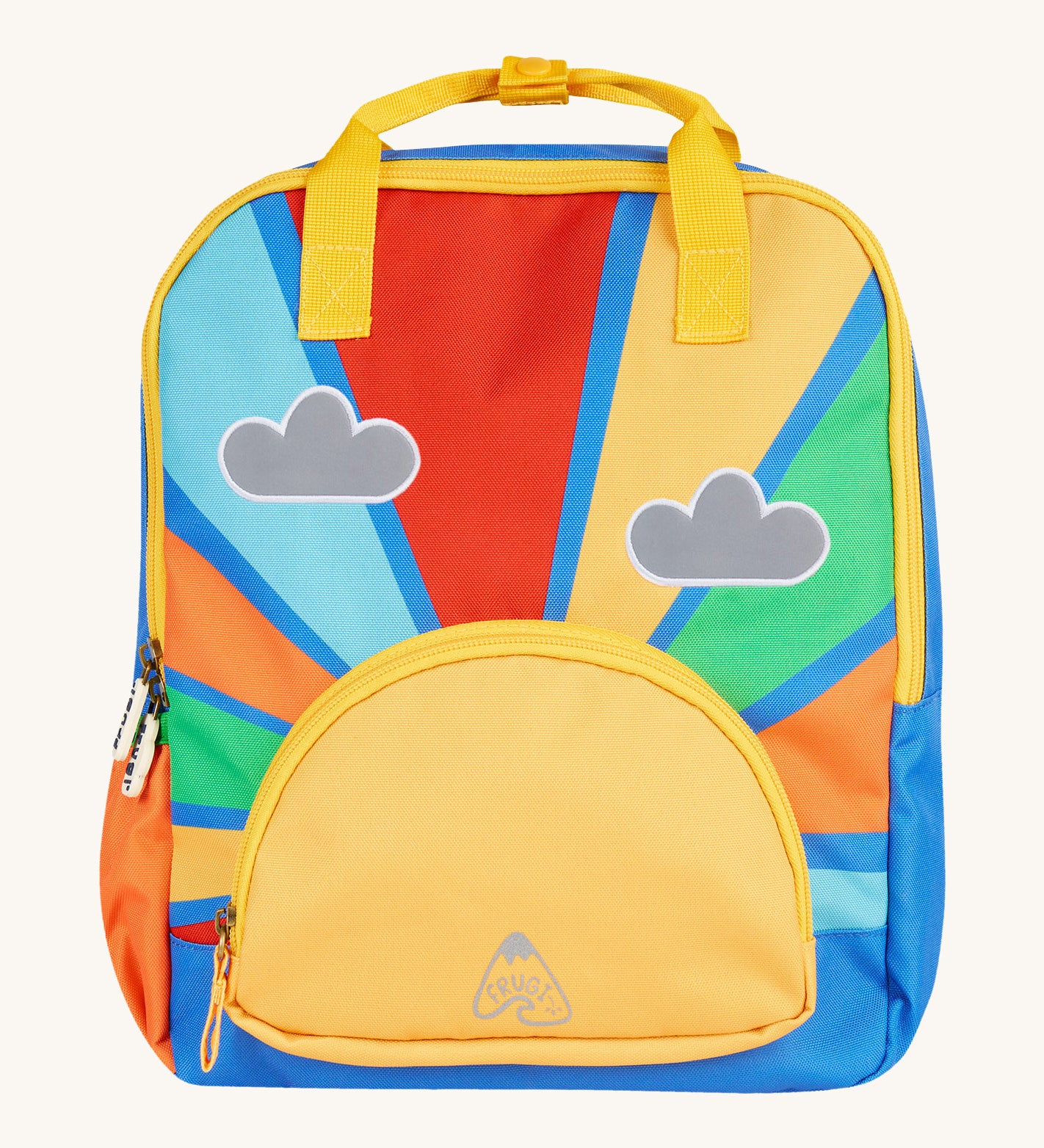 Frugi backpack rainbow sun design on a cream background.