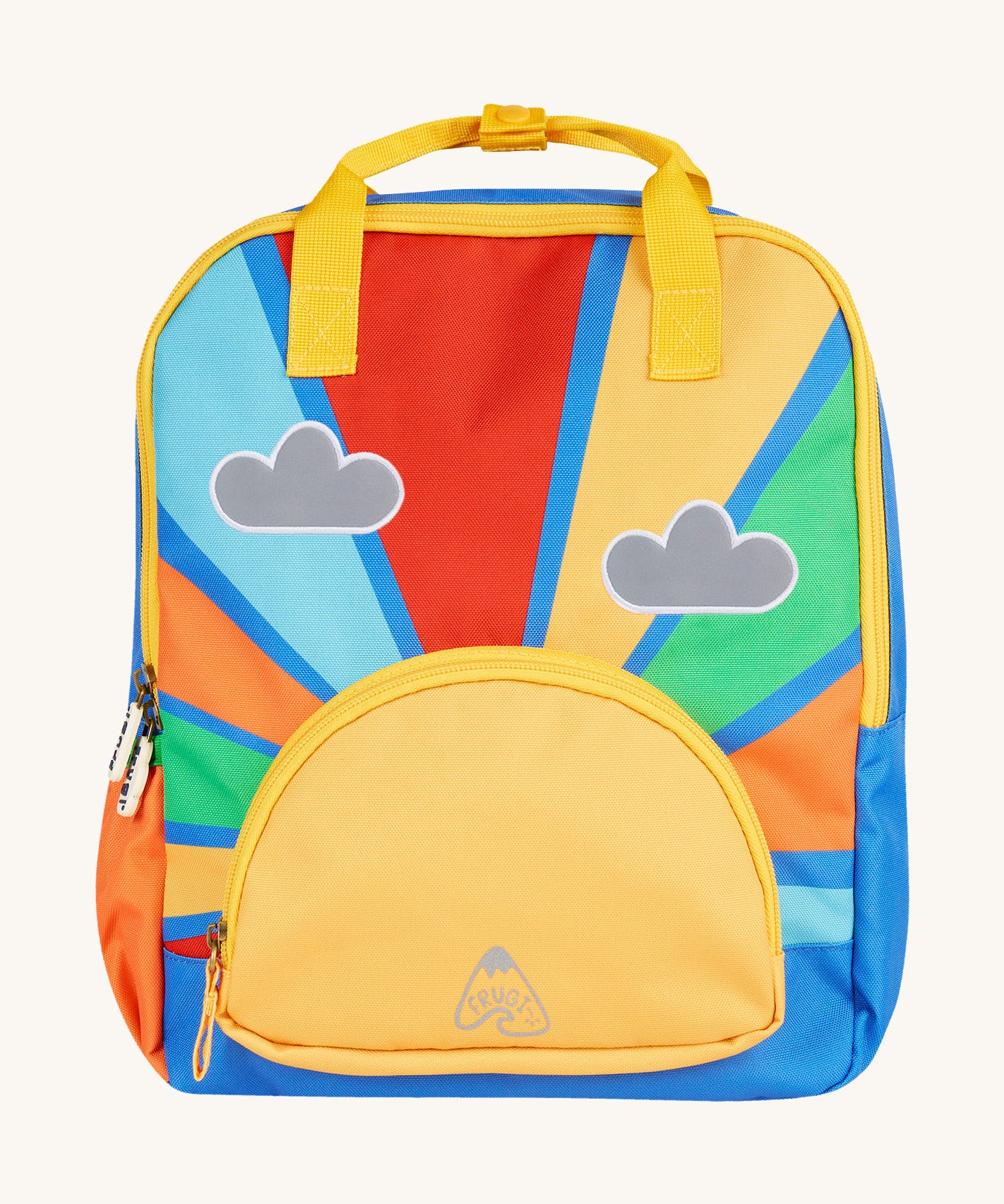 Frugi backpack rainbow sun design on a cream background.