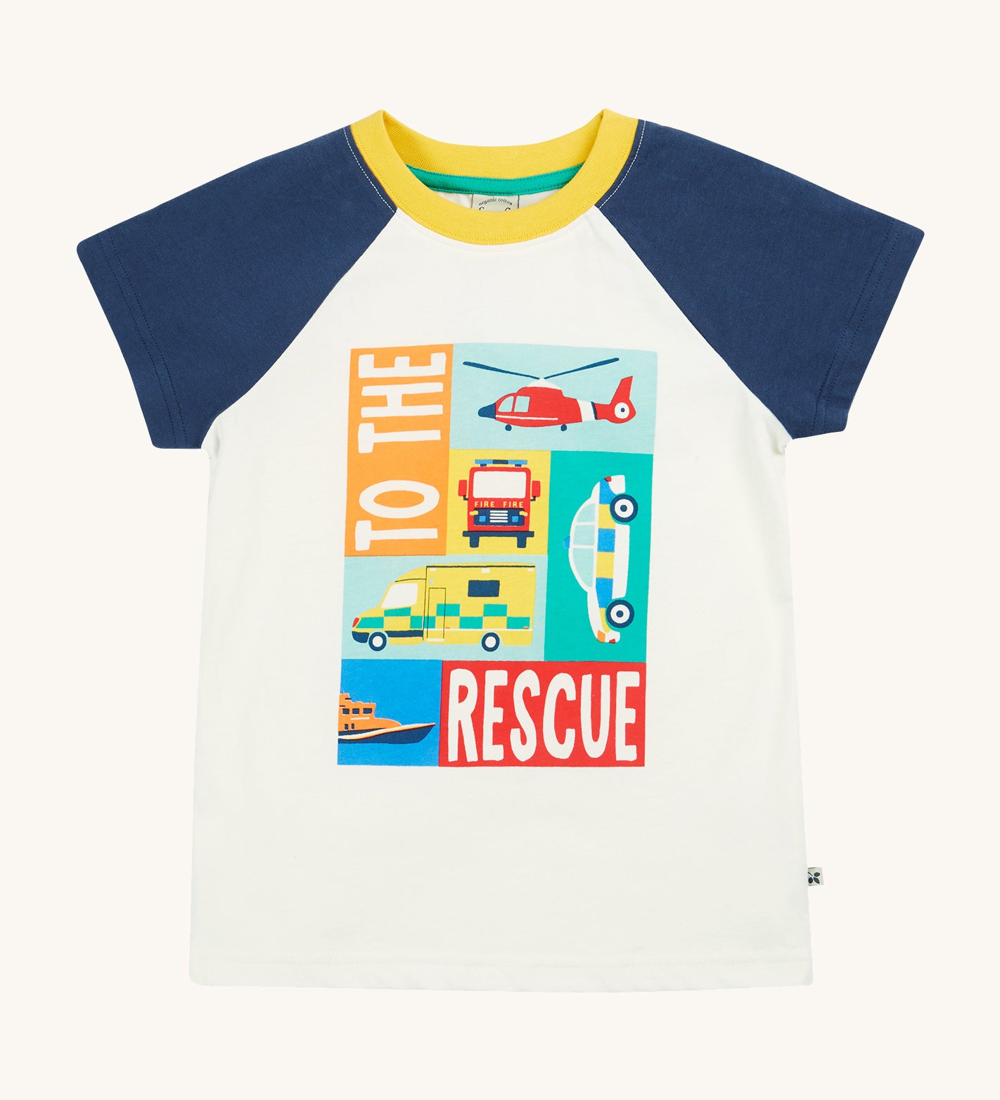 Frugi white and navy short sleeve top rescue design on  a cream background.