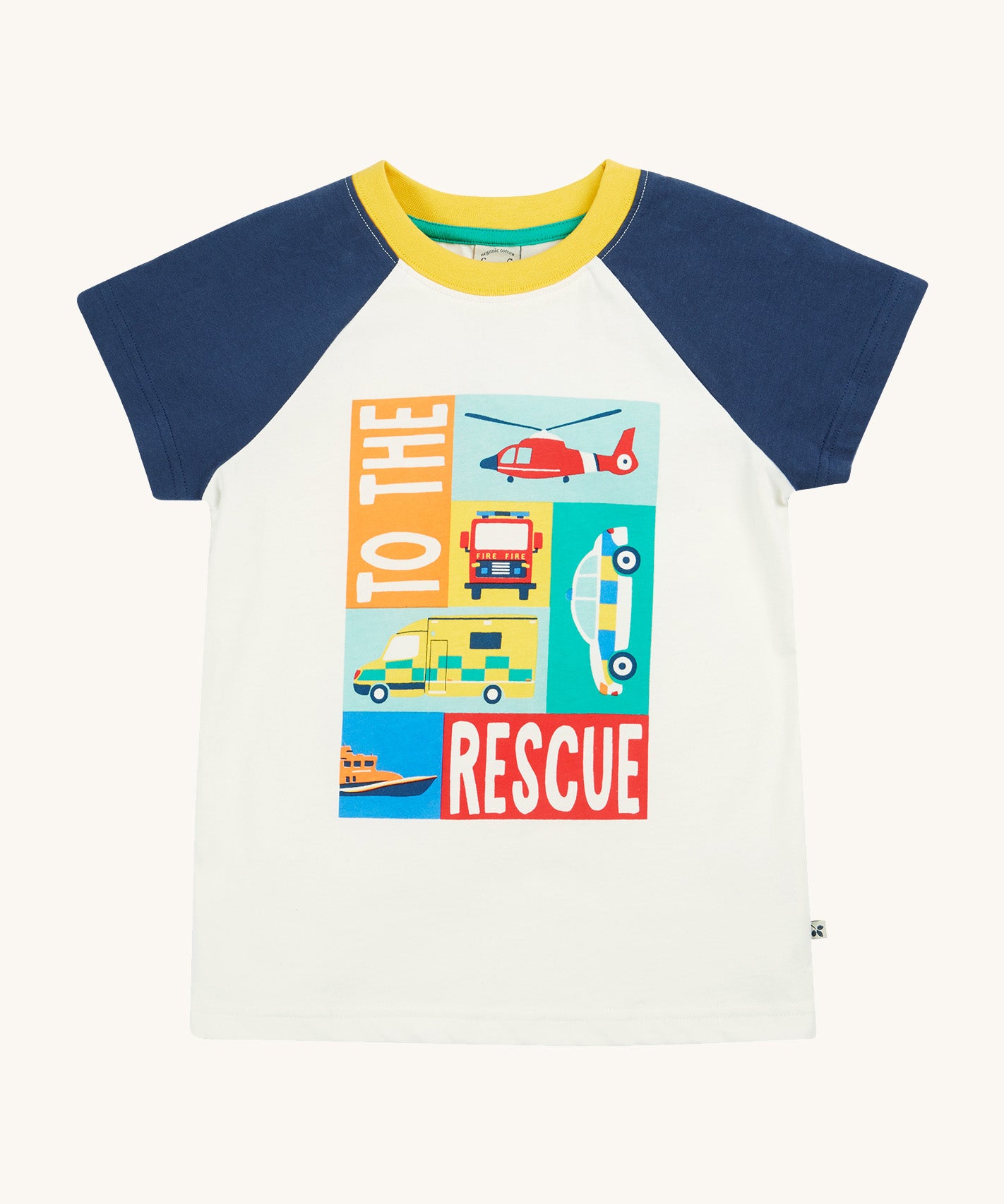 Frugi white and navy short sleeve top rescue design on  a cream background.