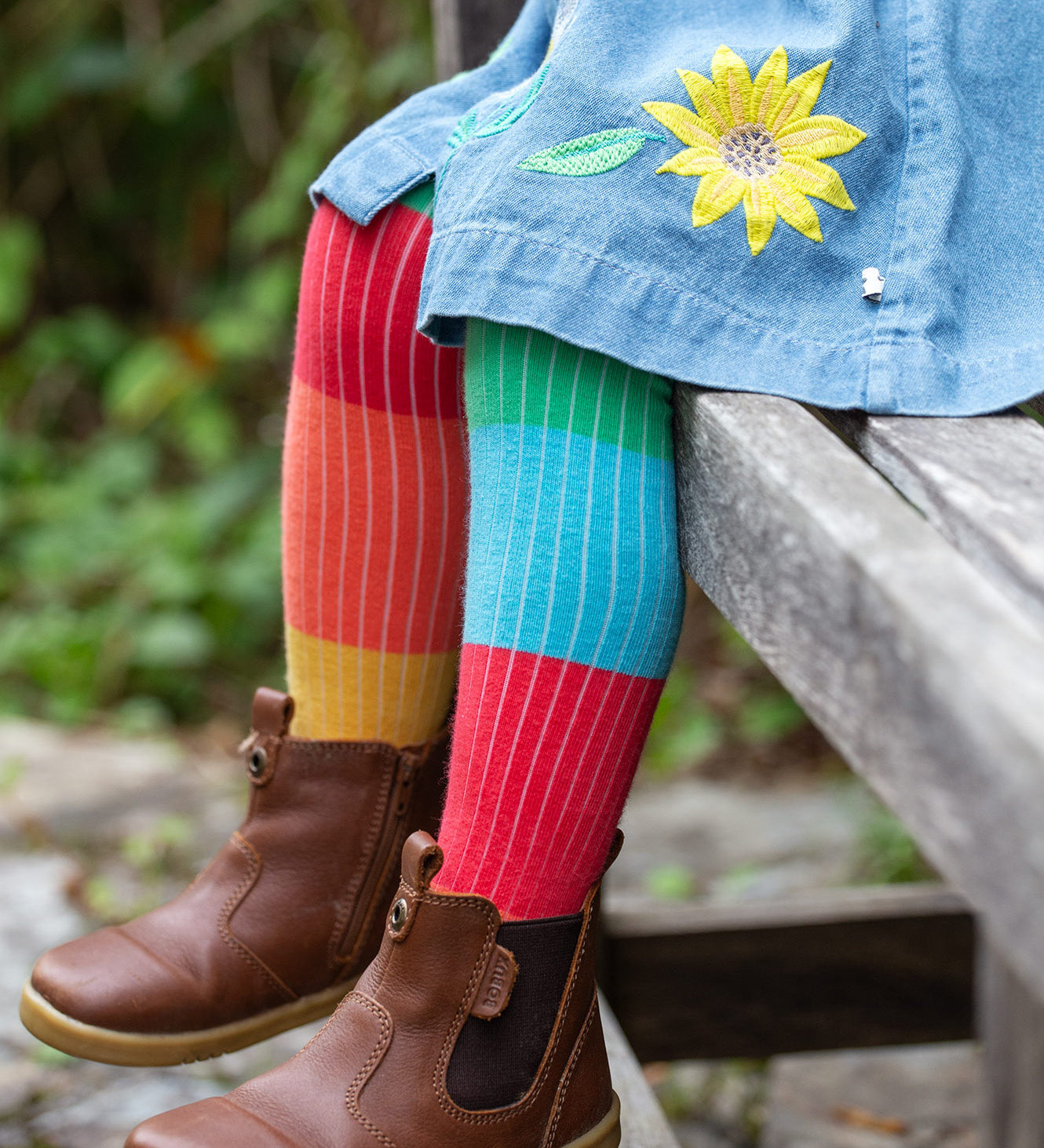 Frugi 2 pack ribbed tights in a rainbow colour block design 