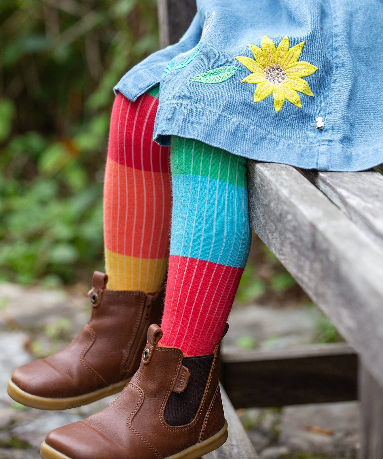 Frugi 2 pack ribbed tights in a rainbow colour block design 