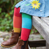 Frugi 2 pack ribbed tights in a rainbow colour block design 