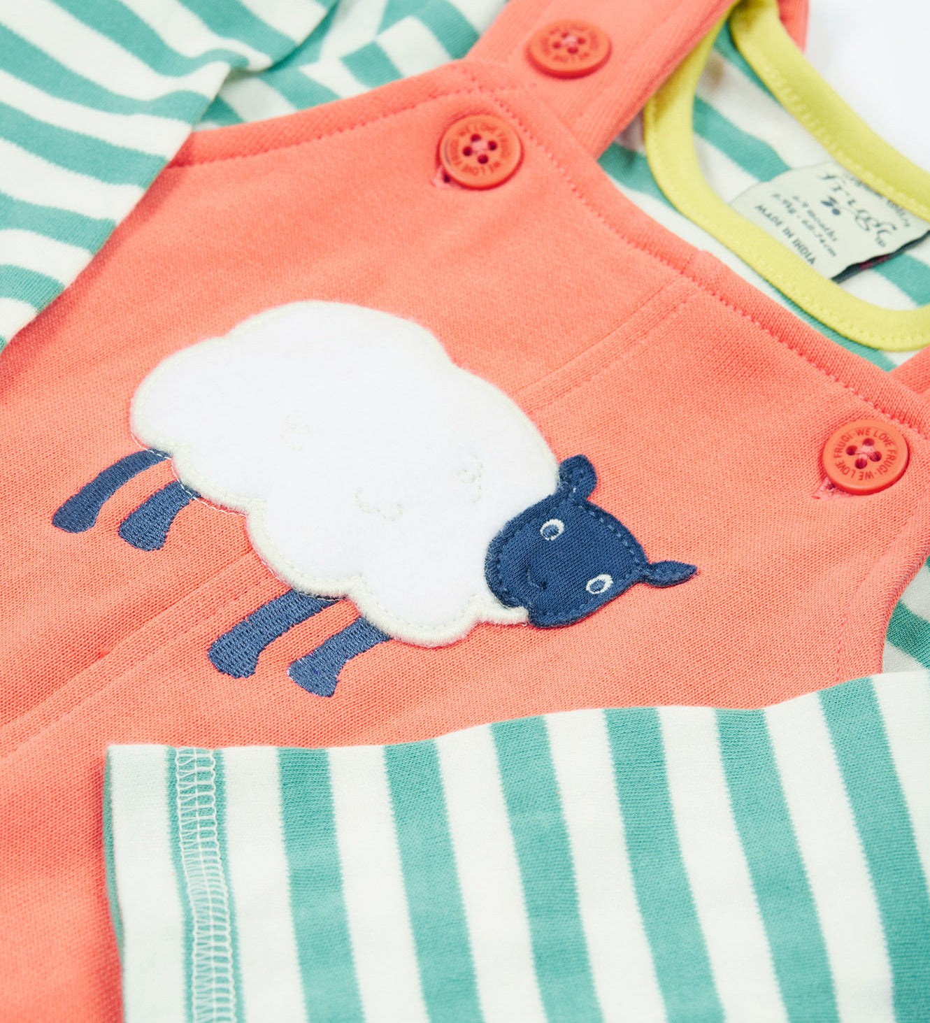 Frugi pink, green stripes dungaree outfit sheep design print detail