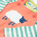 Frugi pink, green stripes dungaree outfit sheep design print detail