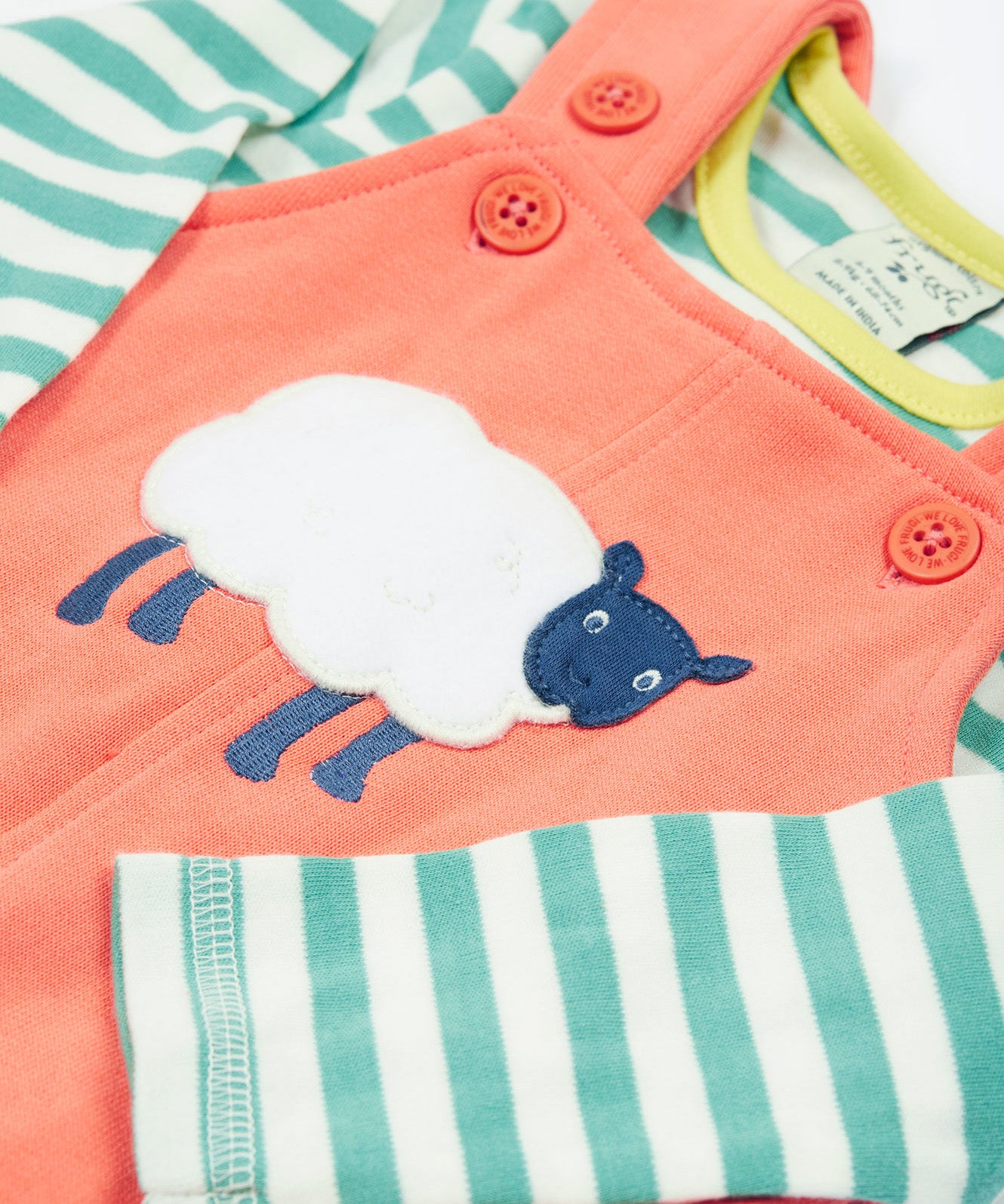 Frugi pink, green stripes dungaree outfit sheep design print detail