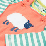 Frugi pink, green stripes dungaree outfit sheep design print detail