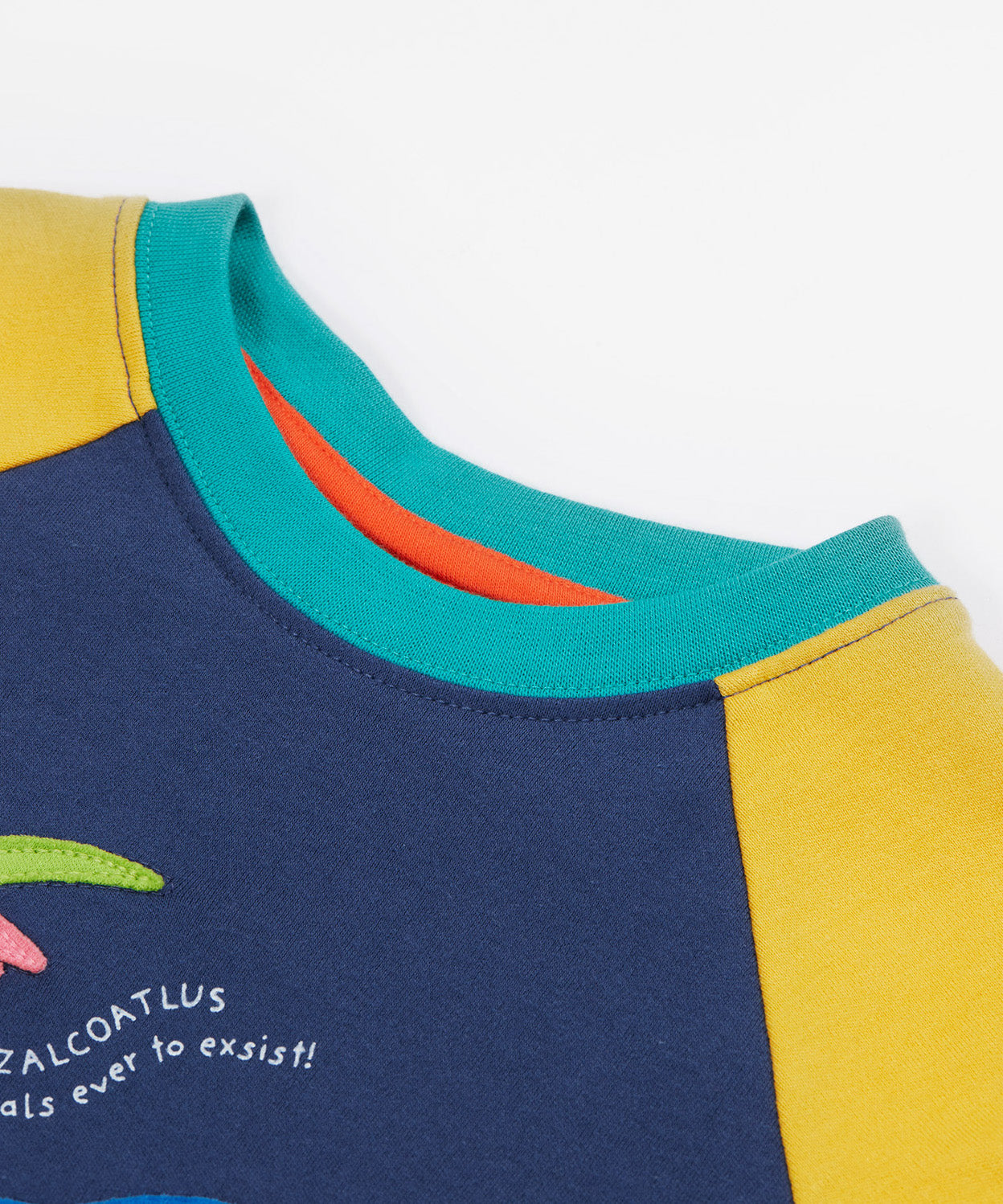 Frugi yellow and navy short sleeve top dino design neck detail