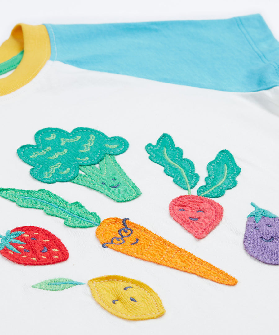 Frugi white short sleeve top, blue and red sleeves veg patch print detail