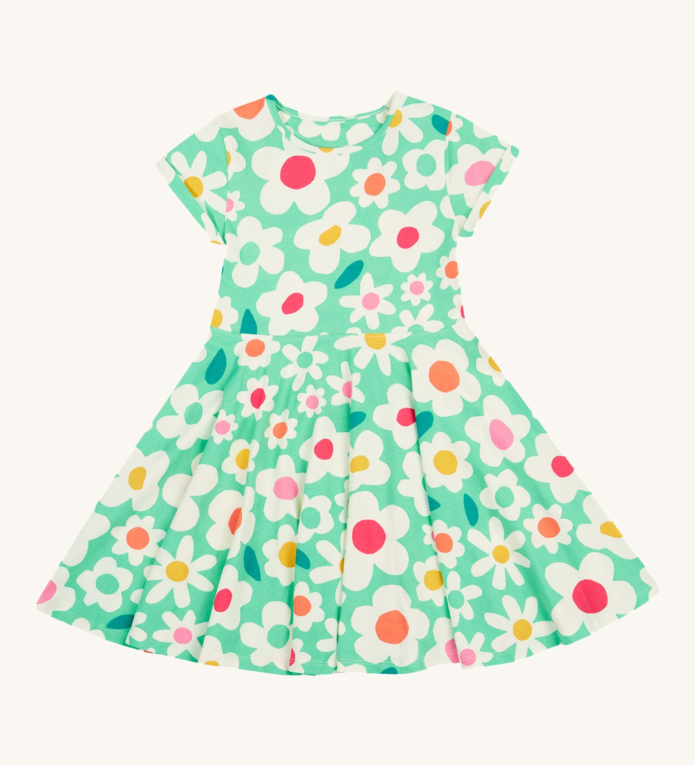 Frugi green spring skater dress daisy field design