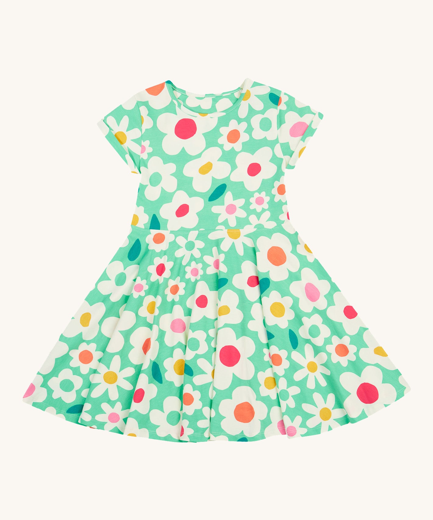 Frugi green spring skater dress daisy field design