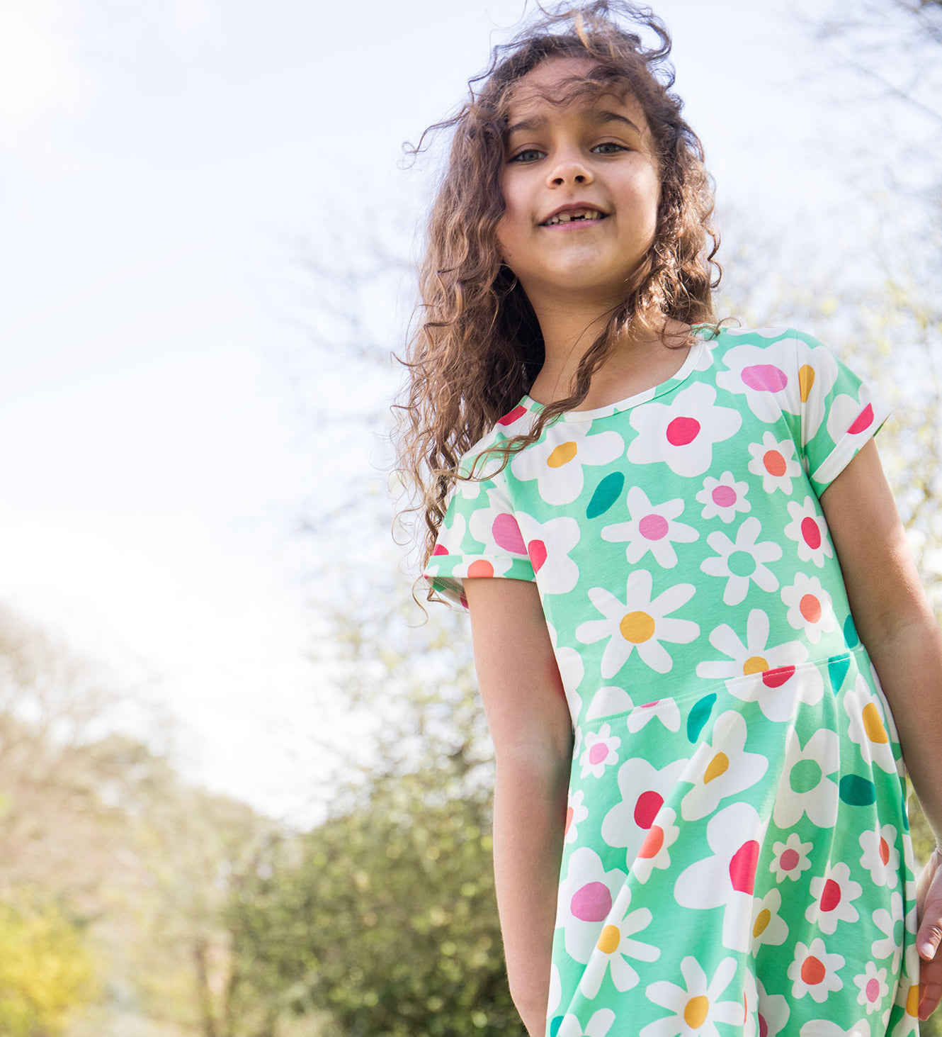 Frugi green spring skater dress daisy field 