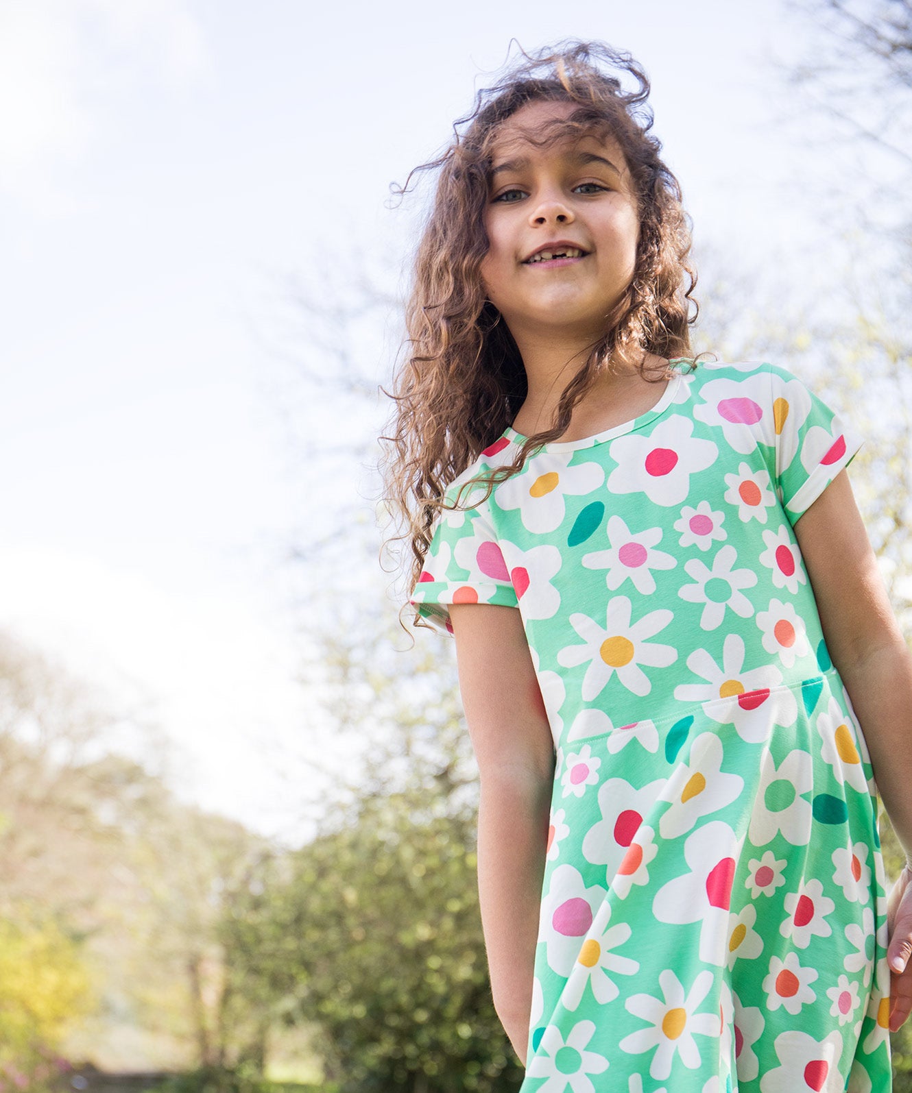 Frugi green spring skater dress daisy field 